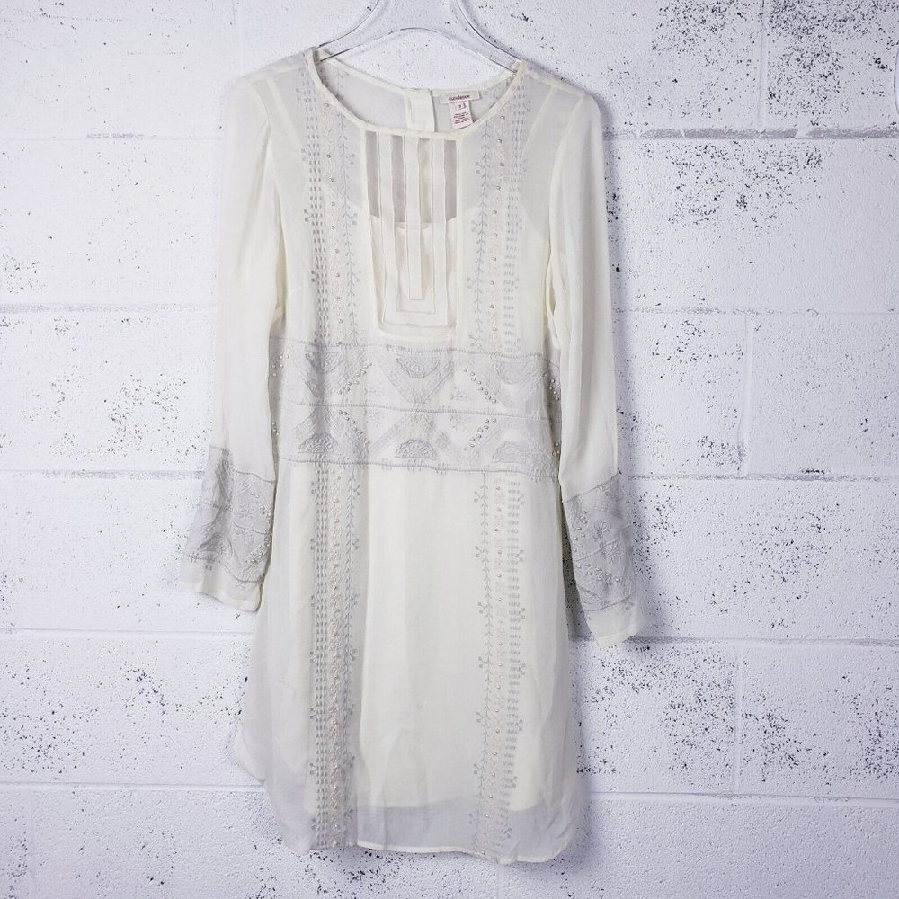 Sundance Women's Cream Beaded Long Sleeve Silk Knee Length  Dress Size 2